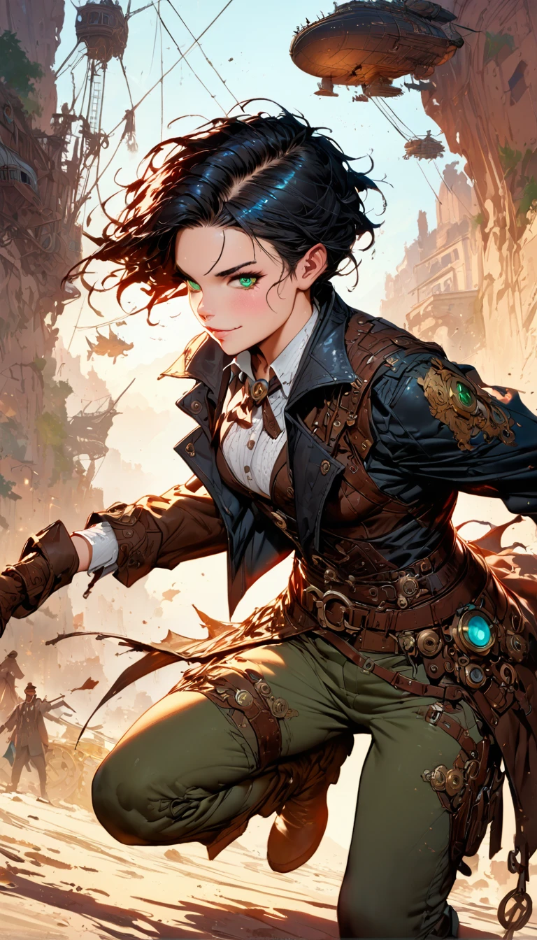 best quality,4k,8k,highres,masterpiece:1.2),ultra-detailed,extremely detailed eyes, extremely detailed body, (large masterpiece digital art), (detailed manga illustration), (detailed line art), ((perfect anatomy)), (intricate details:1.3), (ultra-detailed:1.3), (illustration:1.3), (sharp focus:1.3), (natural lighting:1.05), (vivid colors:1.3), (masterpiece), (best quality:1.4), (perfect anatomy:1.4), high quality, expressive eyes, full body, detailed face, beautiful face, perfect face, {1 man}, gloves, Steampunk clothes, black top, jacket, black jacket, {short hair}, {{dark skin}}, dark-skinned male, detailed ((black hair)), pants, belts, messy hair, detailed sea-green eyes, toned, dynamic lighting, 4k resolution, dynamic pose, smiling, cinematic lighting, dramatic atmosphere, fantasy, steampunk, Atey Ghailan, Jeremy Mann, Greg Manchess, Antonio Moro, trend in ArtStation, trend in CGSociety, Intricate, High Detail, Sharp focus, dramatic and photorealistic painting art by Midjourney and Greg Rutkowski, Jeff Bridges, ((cartoon style)), Marvel Cinematic Universe style, (((airship in the background))),