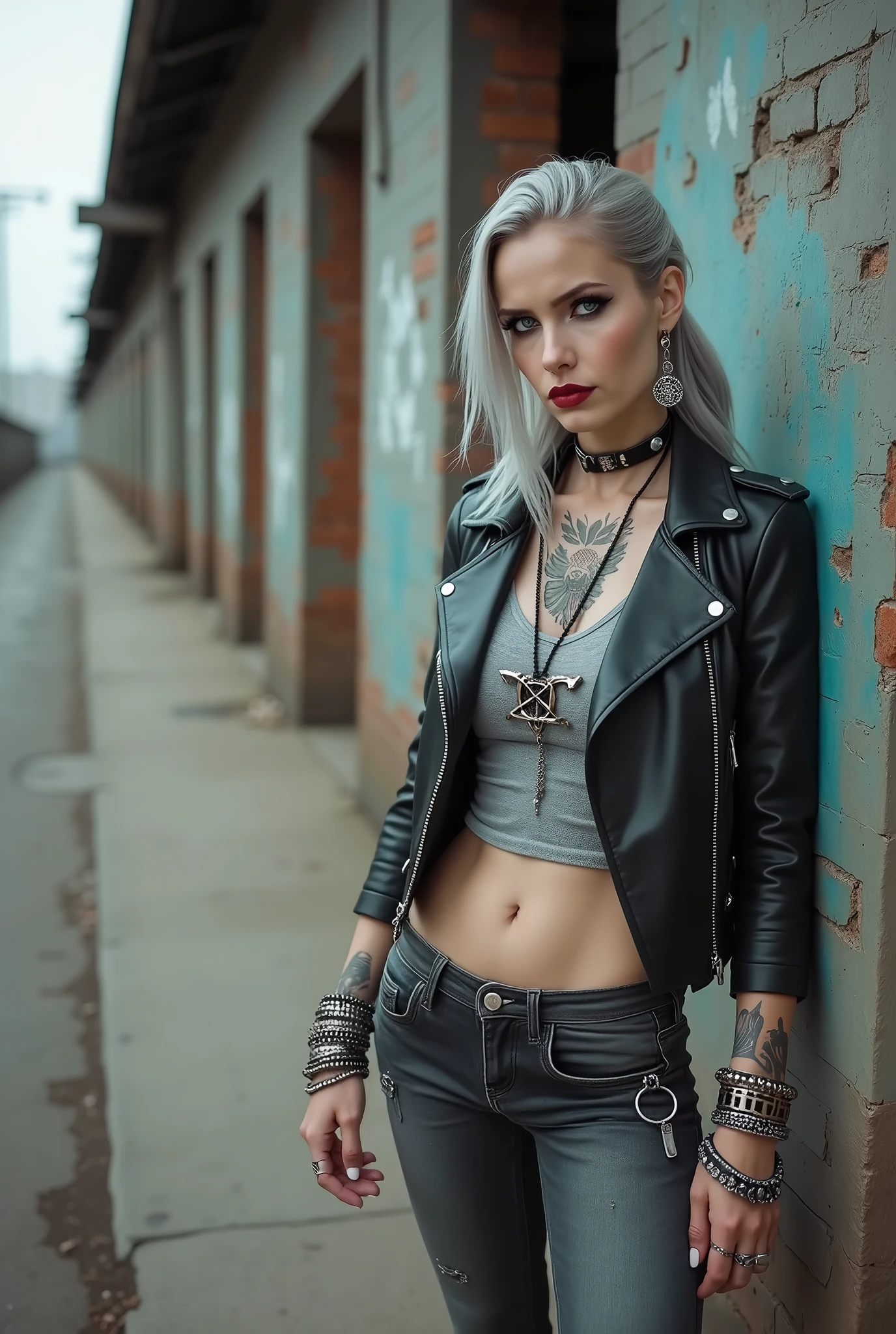 russian old milf woman, biker gang member, long grey hair (low ponitail) with very light blue eyes, extremely pale, heavy eye shadows. Thin. Sad, humbled face, smeared excessive make up and smeared excessive dark red lipstick Wearing cropped black moto jacket, black cropped t-shirt with rock band logo, skinny black jeans and white tennis sneakers. Lots of metallic bracelets. Big pentacle pendant. Tacky wide belt with massive skull and bones buckle . Tattoed. Piercing in belly button. Lots of rings and ethnic bracelets. Wide loop earrings. She looks down in shame, mouth and eyes open in amazement. Toned abs, long neck, thin arms and legs