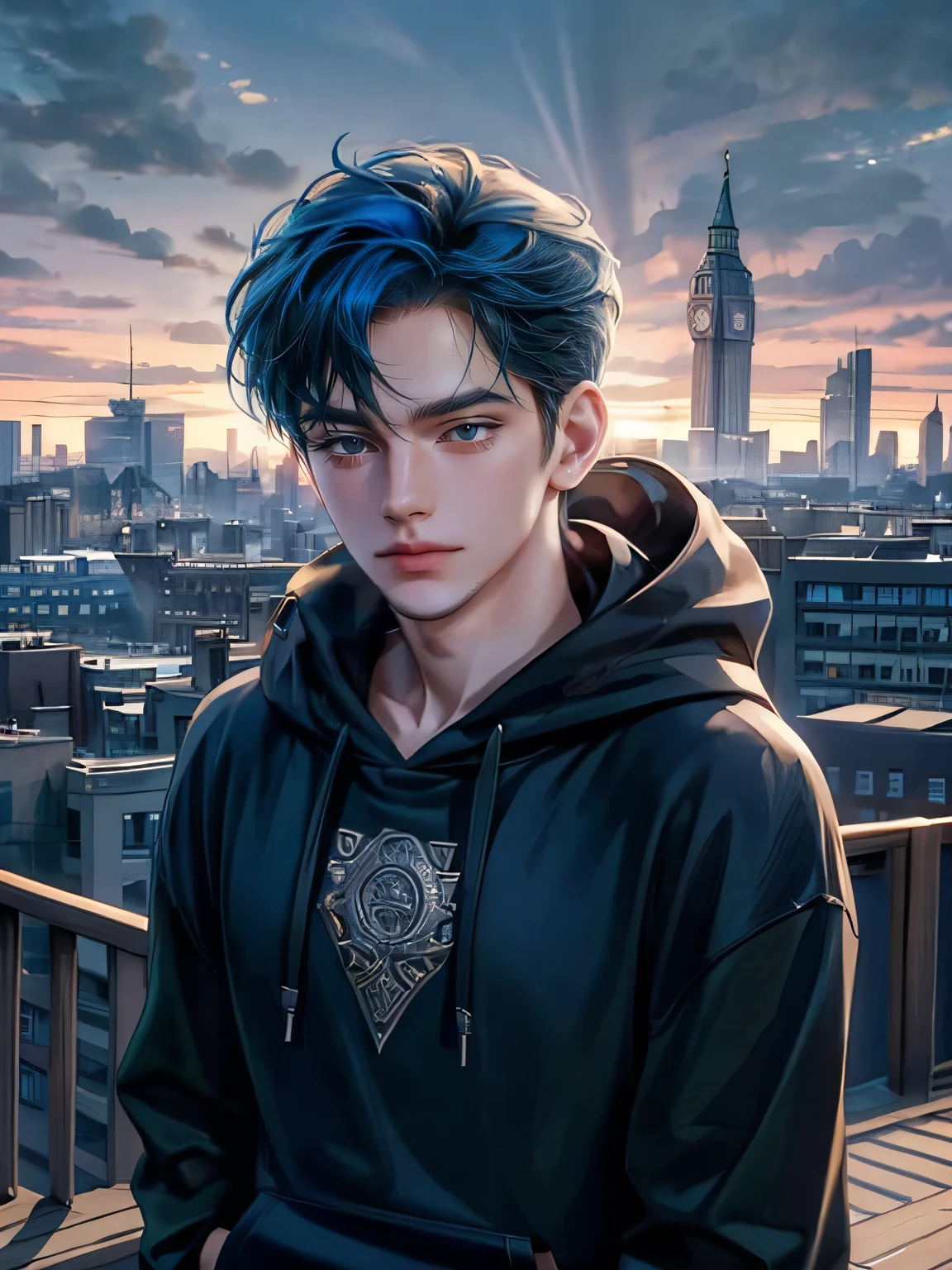 ((4K works))、masterpiece、(top-quality)、One Beautiful Boy、Slim body、tall、((Attractive street style in black hoodie))、(Detailed beautiful eyes)、Fantastic British cities、Daytime city、((Walking through a city in the UK))、((Daytime bright sky))、((Cities in United Kingdom))、((Shot in UK cities))、mid night、((Short-haired bright blue hair))、((Smaller face))、((White eyes))、((American adult male))、((Adult male 26 years old))、((Cool Men))、((Like a celebrity))、((Smile showing teeth and smiling))、((Korean Makeup))、((elongated and sharp eyes))、((boyish))、((Upper body photography))、((Happy dating))、Professional Photos、((Shot alone))、((Shot diagonally from the side))、((Shot in close proximity to him))、((He is walking next to the viewer))、((Focus zoom in))