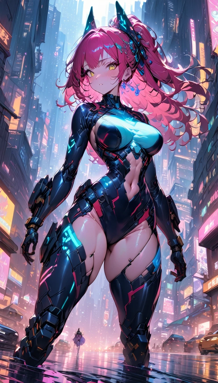 best quality,4k,8k, highres, masterpiece:1.2), extremely detailed eyes, extremely detailed body, (large masterpiece digital art), (detailed manga illustration), (detailed line art), ((perfect anatomy)), (intricate details:1.3), (ultra-detailed:1.3), (illustration:1.3), (sharp focus:1.3), (natural lighting:1.05), (vivid colors:1.3), (masterpiece), (best quality:1.4), (perfect anatomy:1.4), high quality, expressive eyes, full body, tall girl, detailed face, beautiful face, perfect face, breasts, gloves, large breasts, cyberpunk, (black armor), azure armor, long hair, ((tanned skin)), straight hair, detailed (ash gray hair), detailed eyes, (yellow eyes), fox ears, fox tail, hourglass physique, mecha musume, fortified suit, mechanical parts, headgear, robot joints, bodysuit, deva battle suit, gloves, thick thighs, toned, emblem, superhero, dynamic lighting, 4k resolution, dynamic pose, weapon, energy weapon portrait, Jeff Bridges, ((cartoon style)), Marvel Cinematic Universe style, (((alien city in the background))), soft bokeh of futuristic city, Atey Ghailan, Jeremy Mann, Greg Manchess, Antonio Moro, trend in ArtStation, trend in CGSociety, Intricate, High Detail, Sharp focus, dramatic and photorealistic painting art by Midjourney and Greg Rutkowski, bokeh in the background
