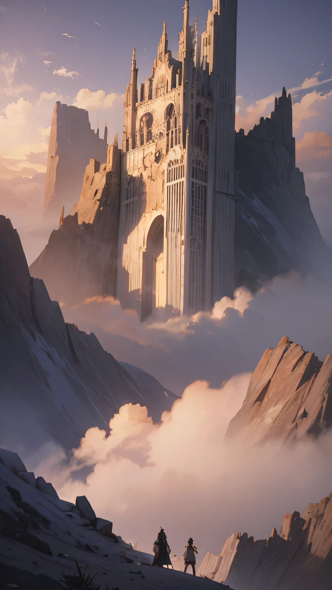 Mountain at dusk, A futuristic city floating in the desert in the background, Low clouds cover the mountains, Realistic+Very intricate detail, Colorful clothing, whole body, 16K.