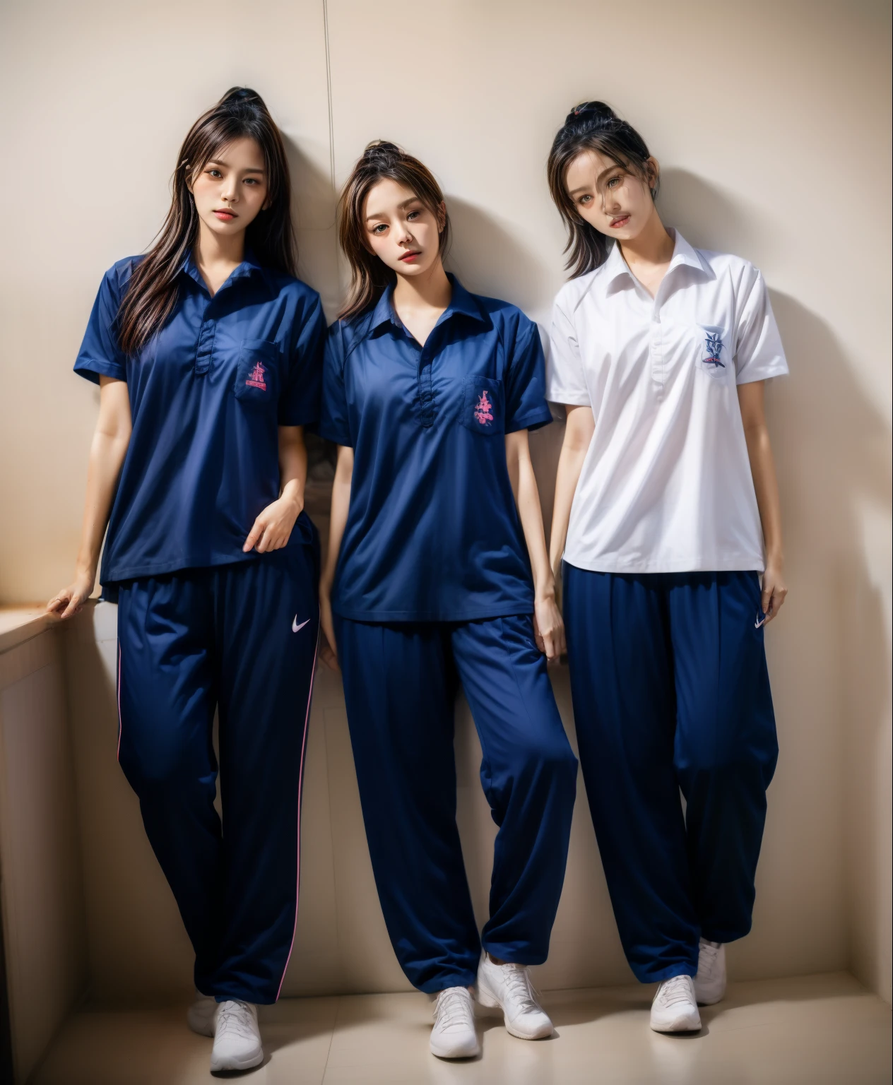 3 girls sleep on bed, Navy blue short-sleeved shirt,Navy Long Trackpant,Sweatpants, Sweatpantsขายาว,25 year old girl, lesbian, sexy, exercise clothes, wet body, exercise clothes