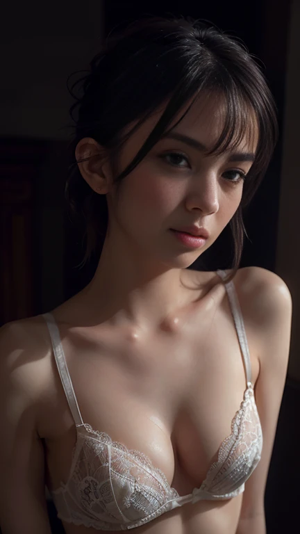 beautiful girl in lace lingerie, nude lingerie, detailed lace bra and panties, small round breasts, wavy bun hairstyle, porcelain skin, detailed face, beautiful eyes, long eyelashes, full lips, delicate facial features, natural pose, dramatic lighting, dark moody atmosphere, cinematic, 8k, photorealistic, masterpiece, ultra-detailed, high quality