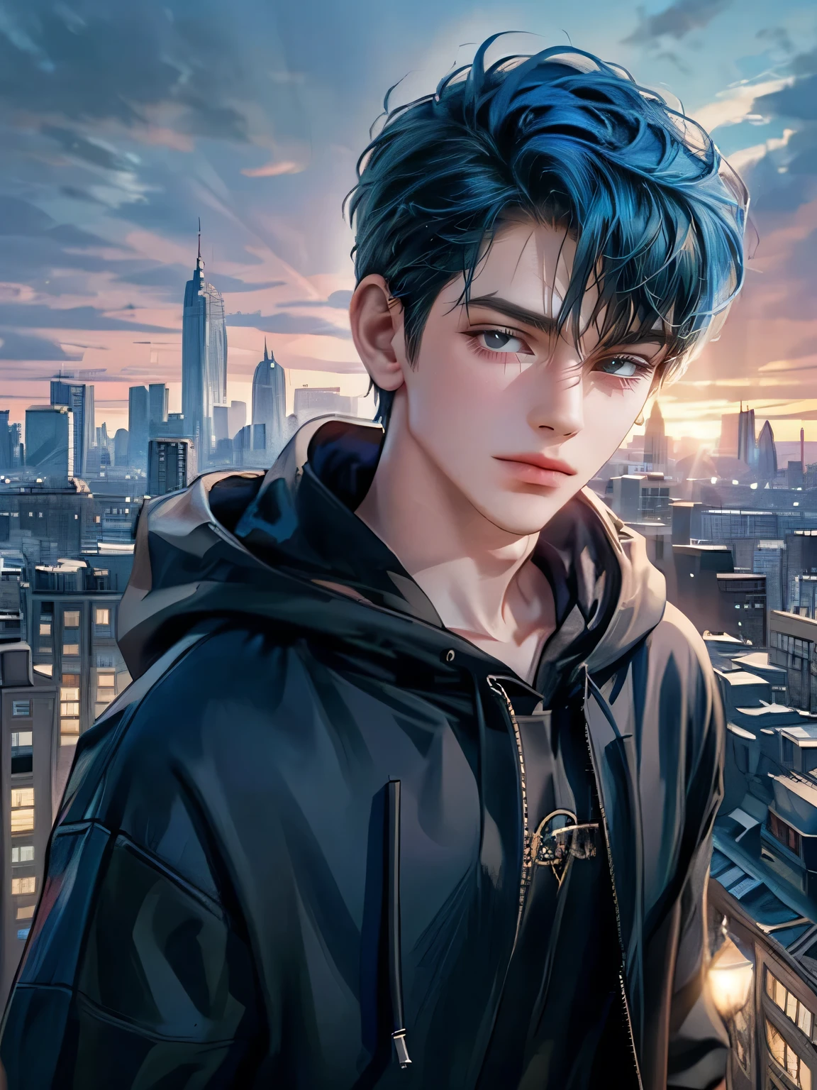 ((4K works))、masterpiece、(top-quality)、One Beautiful Boy、Slim body、tall、((Attractive street style in black hoodie))、(Detailed beautiful eyes)、Fantastic British cities、Daytime city、((Walking through a city in the UK))、((Daytime bright sky))、((Cities in United Kingdom))、((Shot in UK cities))、mid night、((Short-haired bright blue hair))、((Smaller face))、((White eyes))、((American adult male))、((Adult male 26 years old))、((Cool Men))、((Like a celebrity))、((Smile showing teeth and smiling))、((Korean Makeup))、((elongated and sharp eyes))、((boyish))、((Upper body photography))、((Happy dating))、Professional Photos、((Shot alone))、((Shot diagonally from the side))、((Shot in close proximity to him))、((He is walking next to the viewer))、((Focus zoom in))