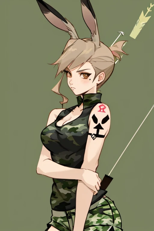 Bunny ears, female, archer, forest background, camouflage shorts, black tank top, cleavage, arrow tattoo on shoulder          