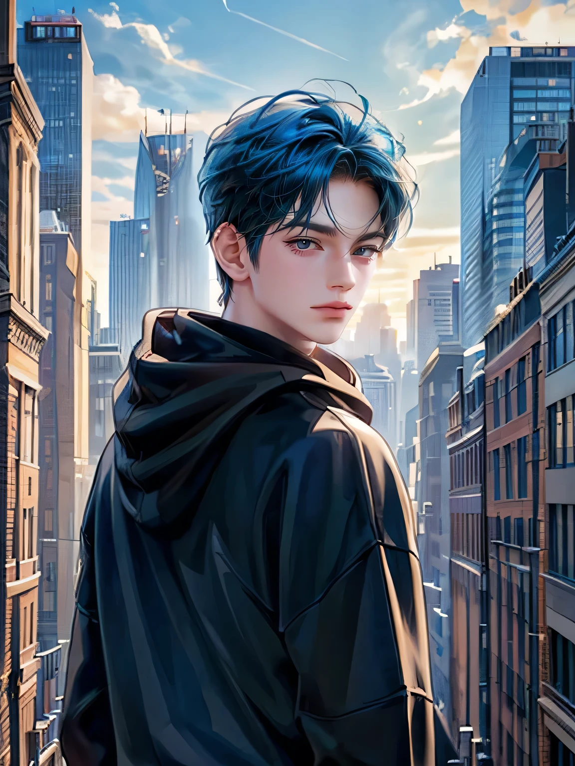 ((4K works))、masterpiece、(top-quality)、One Beautiful Boy、Slim body、tall、((Attractive street style in black hoodie))、(Detailed beautiful eyes)、Fantastic British cities、Daytime city、((Walking through a city in the UK))、((Daytime bright sky))、((Cities in United Kingdom))、((Shot in UK cities))、mid night、((Short-haired bright blue hair))、((Smaller face))、((White eyes))、((American adult male))、((Adult male 26 years old))、((Cool Men))、((Like a celebrity))、((Smile showing teeth and smiling))、((Korean Makeup))、((elongated and sharp eyes))、((boyish))、((Upper body photography))、((Happy dating))、Professional Photos、((Shot alone))、((Shot diagonally from the side))、((Shot in close proximity to him))、((He is walking next to the viewer))、((Focus zoom in))