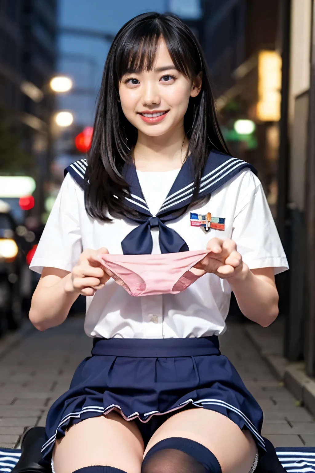 Highest quality, masterpiece, Ultra-high resolution, (reality: 1.4), Original photo, 1 female, mature, smile, short hair, Plump body, , Cinema Lighting, Exact finger count、Exact number of legs、(Exact number of arms:1.0, Exact number of hands:1.0), (Perfect hands, Perfect Anatomy), Cinematic, reality的, Extremely detailed CG, night lighting, Perfect lighting, Best Shadow, The best natural light, smile, ((Woman showing off her panties:1.3)), (school uniform, Sailor suit, Knee-high socks, loafers, Navy pleated mini skirt:1.3), (Sexy and cute panties), (Stylish shiny satin pink panties:1.2), Side tie panties, Lace panties:1, Feeling embarrassed, (blush:1.2), (Embarrassed expression:1.4), (On the streets of the entertainment district at night:1.3), Angle from the front
