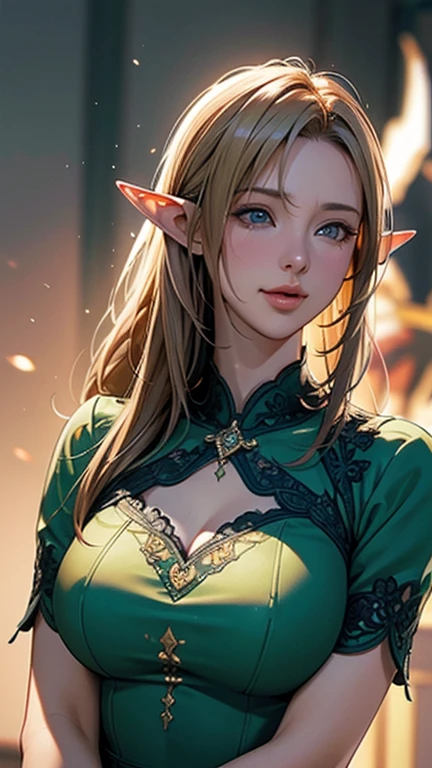 "Increased quality and detail、Create amazing works, A masterpiece of high-resolution CG that expresses ultra-realistic textures and intricate design..."
(Prompt1: "Increased quality and detail,Create stunning high-definition CG masterpieces,Ultra-realistic texture and sophisticated design。")、Laugh with your mouth closed、One woman, Elf, Blonde, Hair blowing in the wind, Green Mini Dress, Big Breasts, Gold embroidery