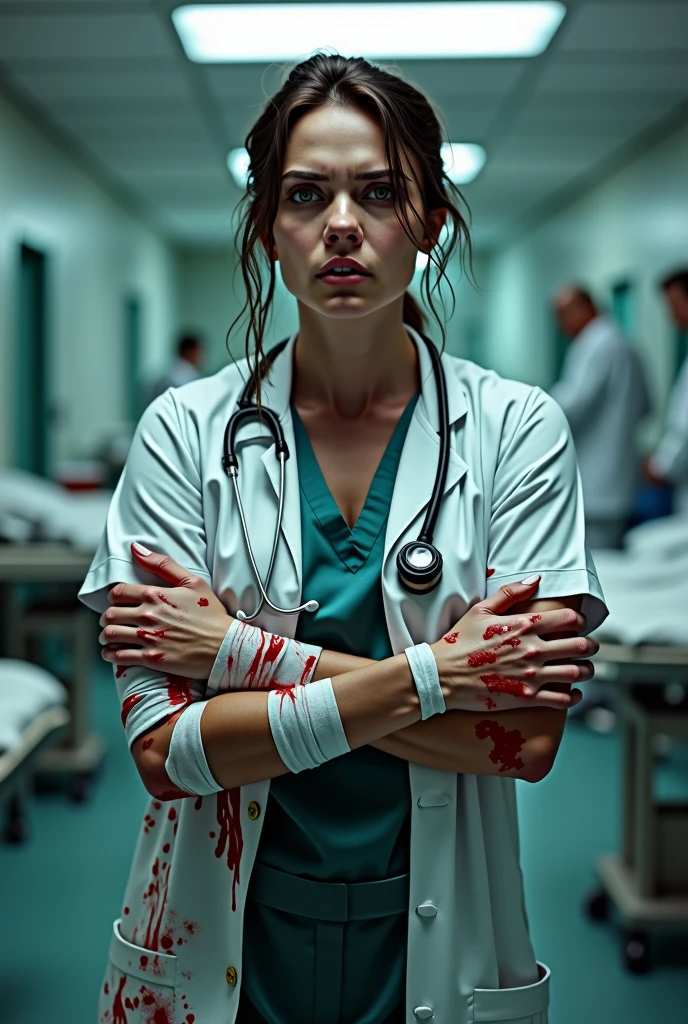 A female doctor hurt in a hospital standing with her wounds