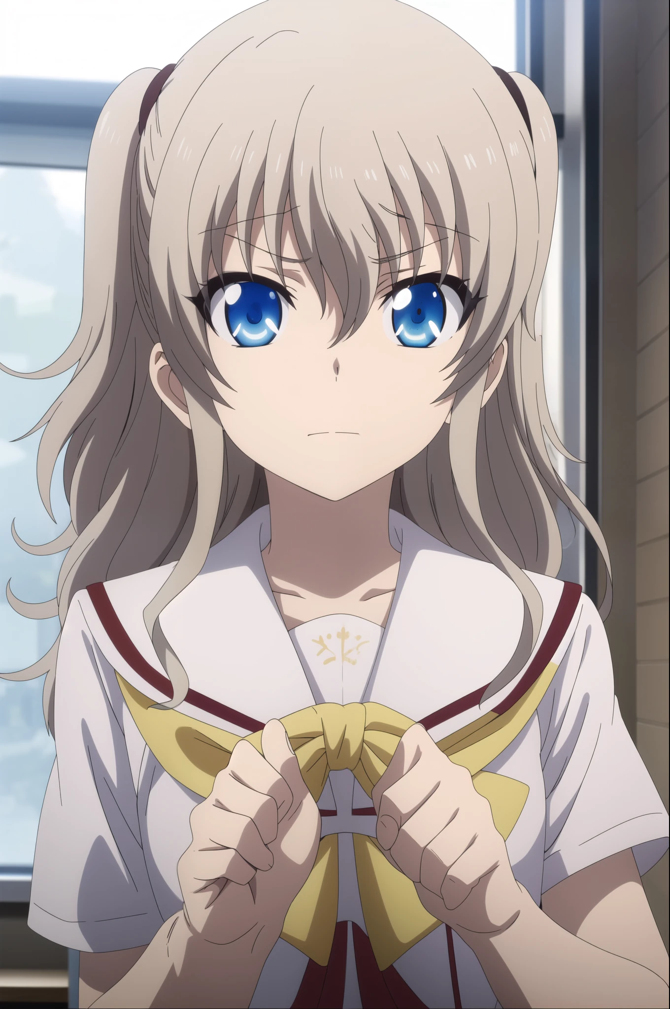 1girl, solo, best quality, masterpiece, nao tomori,hold nose with hand, serafuku, sailor collar, hair between eyes, anime style, anime color, 2D,background classroom, yellow fog in the background,