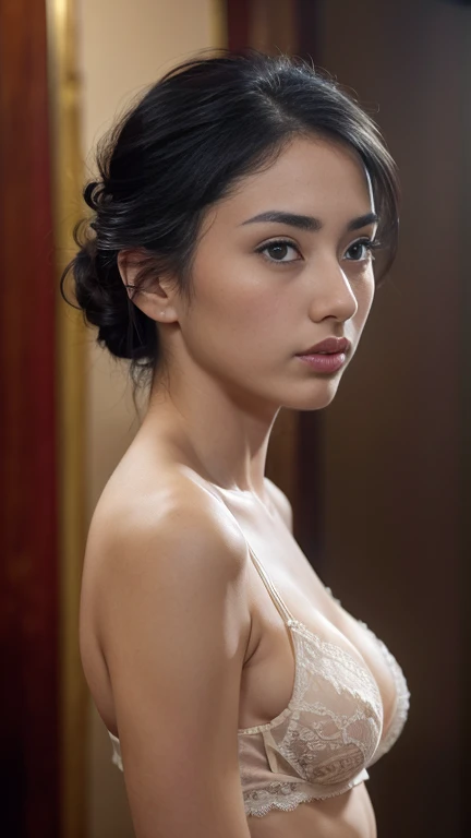 beautiful girl in lace lingerie, nude lingerie, detailed lace bra and panties, small round breasts, wavy bun hairstyle, porcelain skin, detailed face, beautiful eyes, long eyelashes, full lips, delicate facial features, natural pose, dramatic lighting, dark moody atmosphere, cinematic, 8k, photorealistic, masterpiece, ultra-detailed, high quality