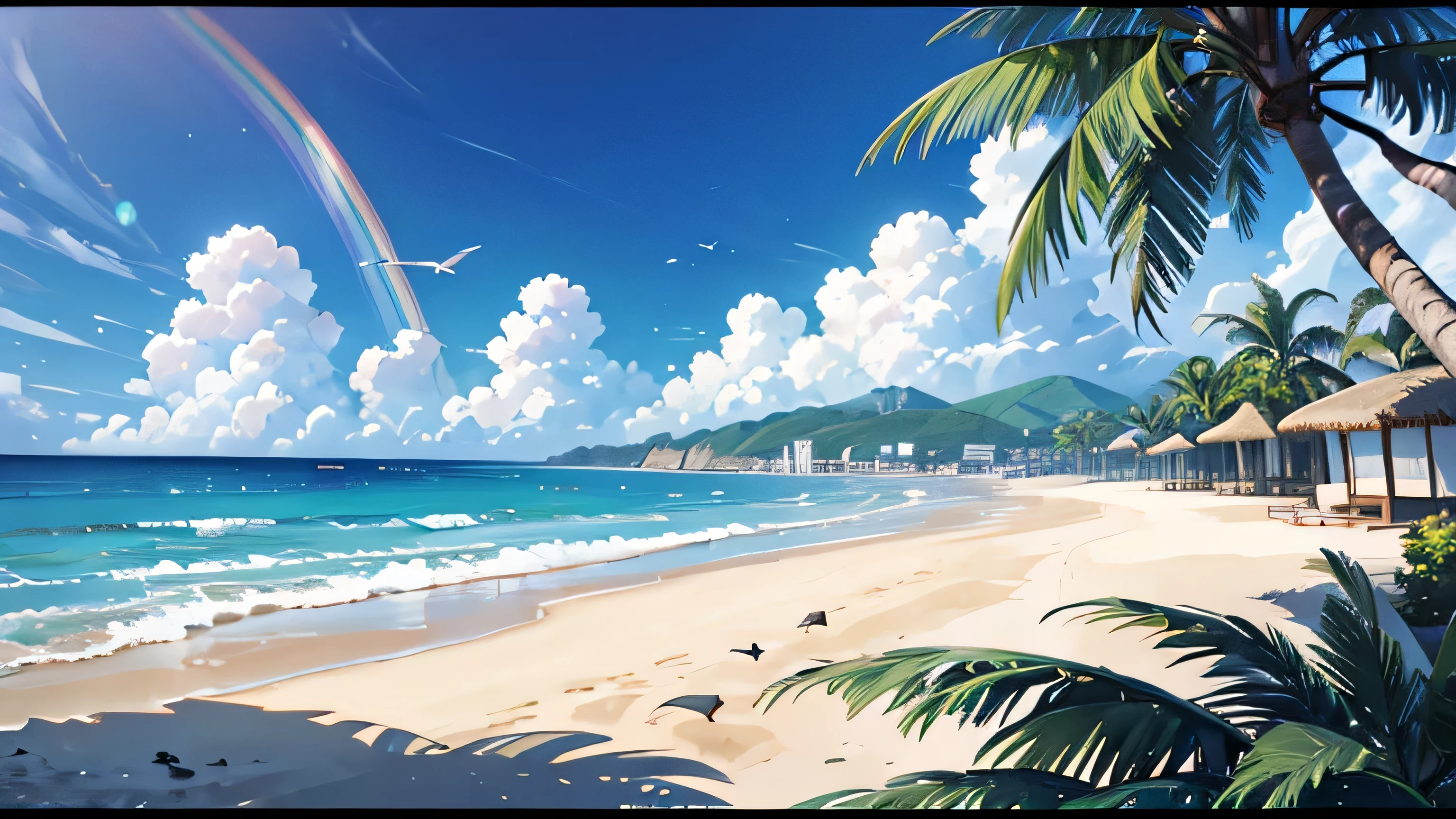Sea, palm trees, birds, nobody, rainbow