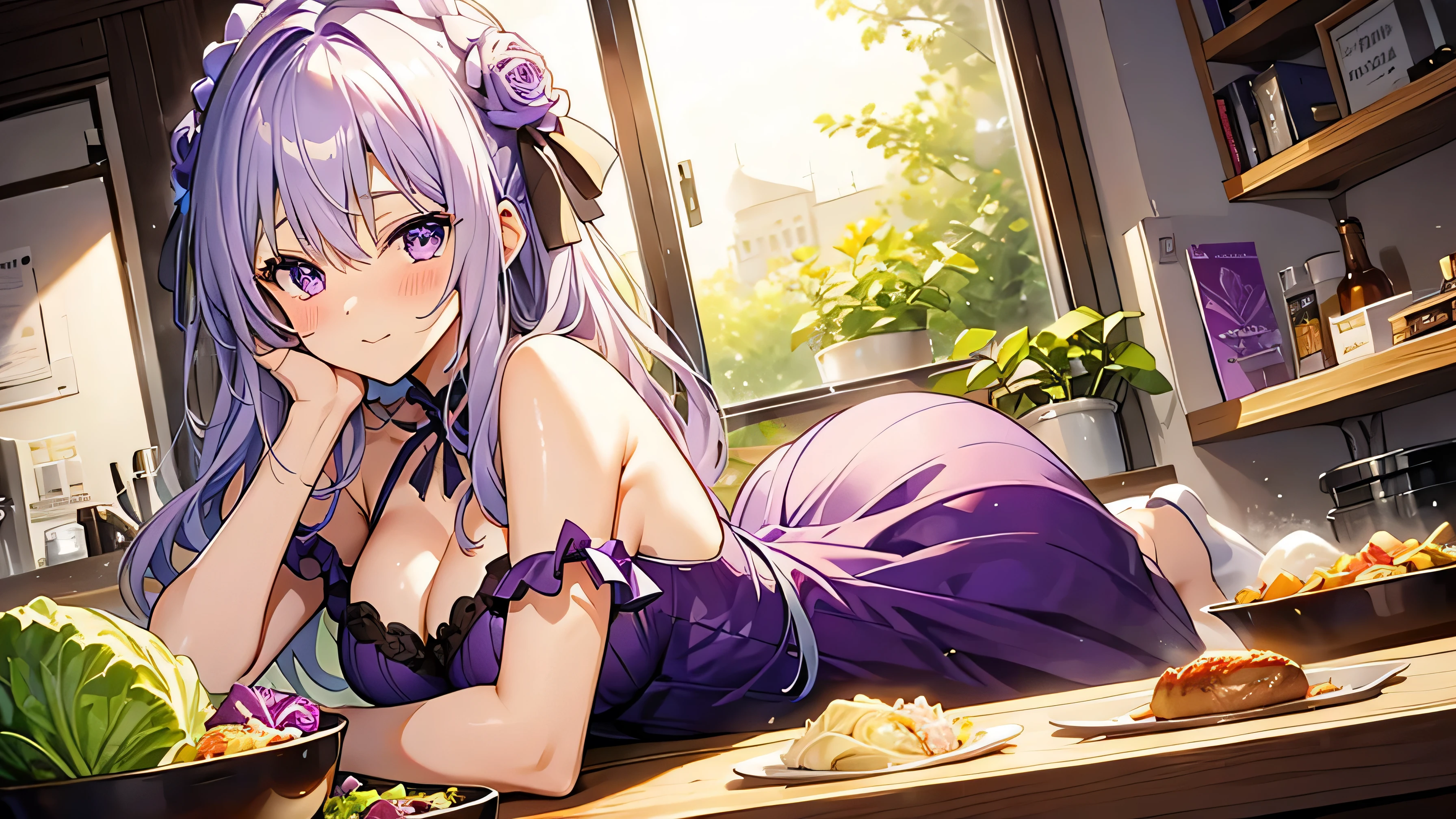 Lots of purple onion、Lots of cabbage、Girl、Purple Dress、Large breasts、White Hair、Marinade、eat、Blushing、