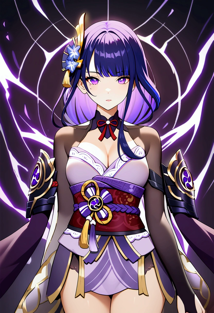 (masterpiece, best quality), best resolution, (2heads:1.5), 1girl, raiden shogun character, purple hair, long wide hair, purple eyes, standing, action