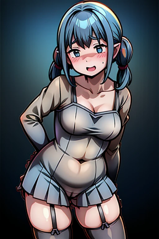1girl, breasts, looking at viewer, blush, smile, open mouth, thighhighs, gloves, 1boy, ribbon, navel, twintails, hair ribbon, hetero, solo focus, pointy ears, black gloves, elbow gloves, aqua eyes, black ribbon, aqua hair, ass pov, garter straps, drill hair, straddling, twin drills, cowgirl position, plump、pubic hair