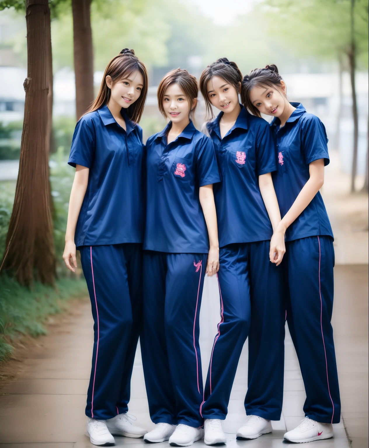 3 girls sleep on bed, Navy blue short-sleeved shirt,Navy Long Trackpant,Sweatpants, Sweatpantsขายาว,25 year old girl, lesbian, sexy, exercise clothes, wet body, exercise clothes