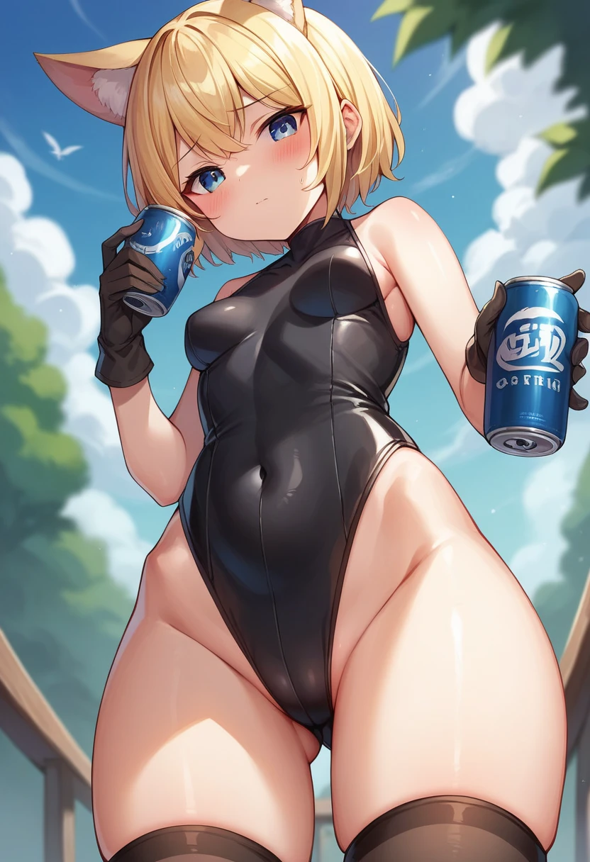 1girl, solo, breasts, looking at viewer, blush, short hair, bangs, blue eyes, blonde hair, thighhighs, gloves, holding, animal ears, small breasts, outdoors, sky, day, black gloves, blurry, leotard, covered navel, depth of field, from below, black leotard, can