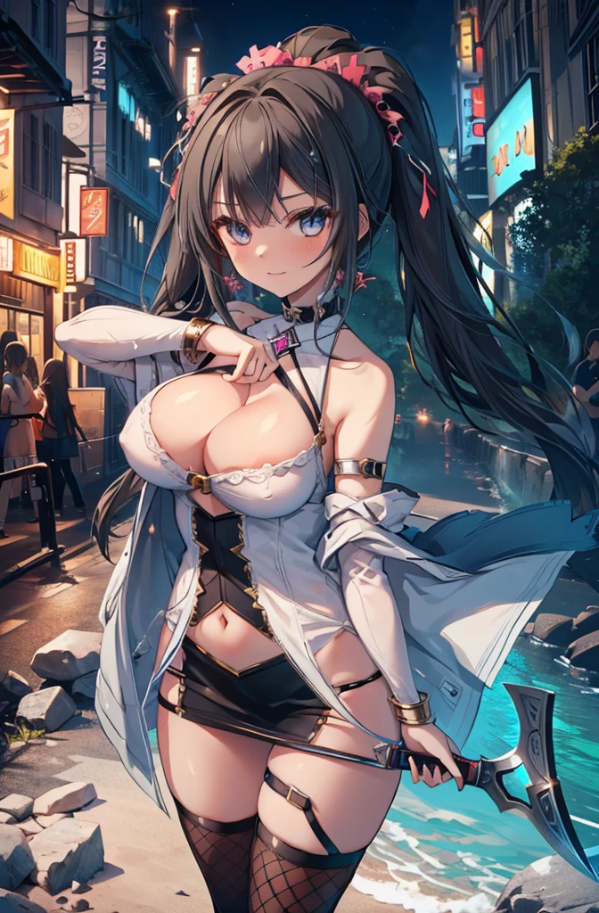 8K,(masterpiece),high resolution,best quality,(ultra-detailed),ultra detailed eyes,cute girl,(girl is holding fantasy battle axe),(fantasy battle axe:1.2),dynamic pose,Spiky,on the Rubble pile