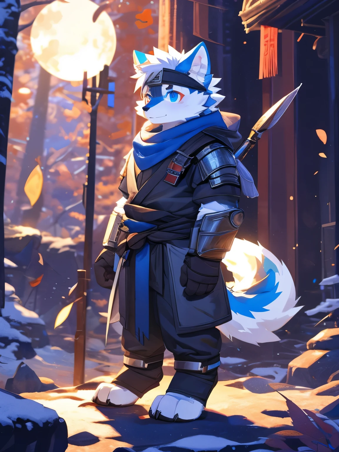 nj5furry,kemono,full-length portrait,anthro,hi res,male,White hair,Arctic Wolf,warrior,Headband,Metal Armor,strong,White furry paws,Fluffy hair,Plush tail,A tail,Delicate eyes,Detailed eyes