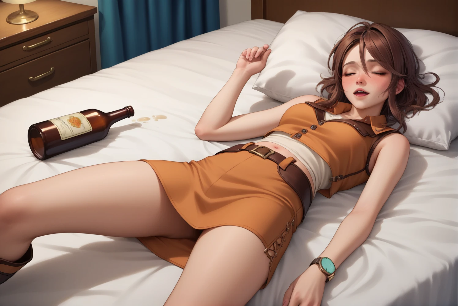 Gemini Sunrise,Brown sleeveless collared cowgirl shirt,Ultra mini skirt,Western belt with holster,Western Boots,Watch on wrist,Navel exposed,Drunk,Above the knee shot,View from the front,Lying in bed,Ultra-high resolution,16K