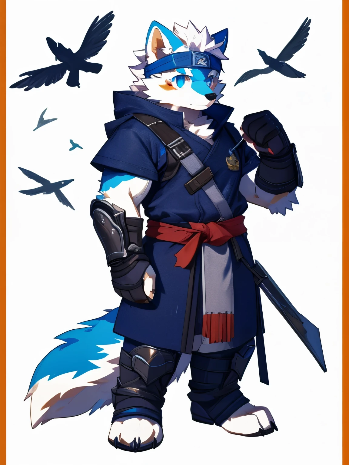 nj5furry,kemono,full-length portrait,anthro,hi res,male,White hair,Arctic Wolf,warrior,Headband,Metal Armor,strong,White furry paws,Fluffy hair,Plush tail,A tail,Delicate eyes,Detailed eyes