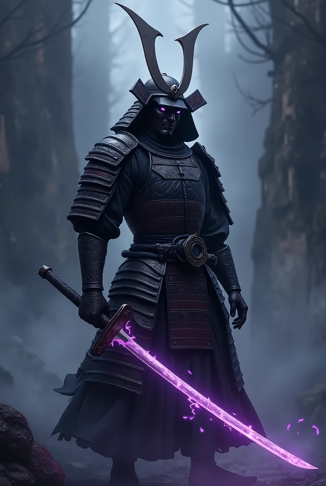 Anime character samurai、Holding a Japanese sword、The demon sword is shimmering with a purple aura.、The armor worn by the samurai is beautifully crafted.、It is as sturdy as dragon scales and has a practical range of motion.。The overall image is dark and gloomy.、The samurai in the dark is mysteriously in focus。The work is of high quality and has a cinematic feel.。