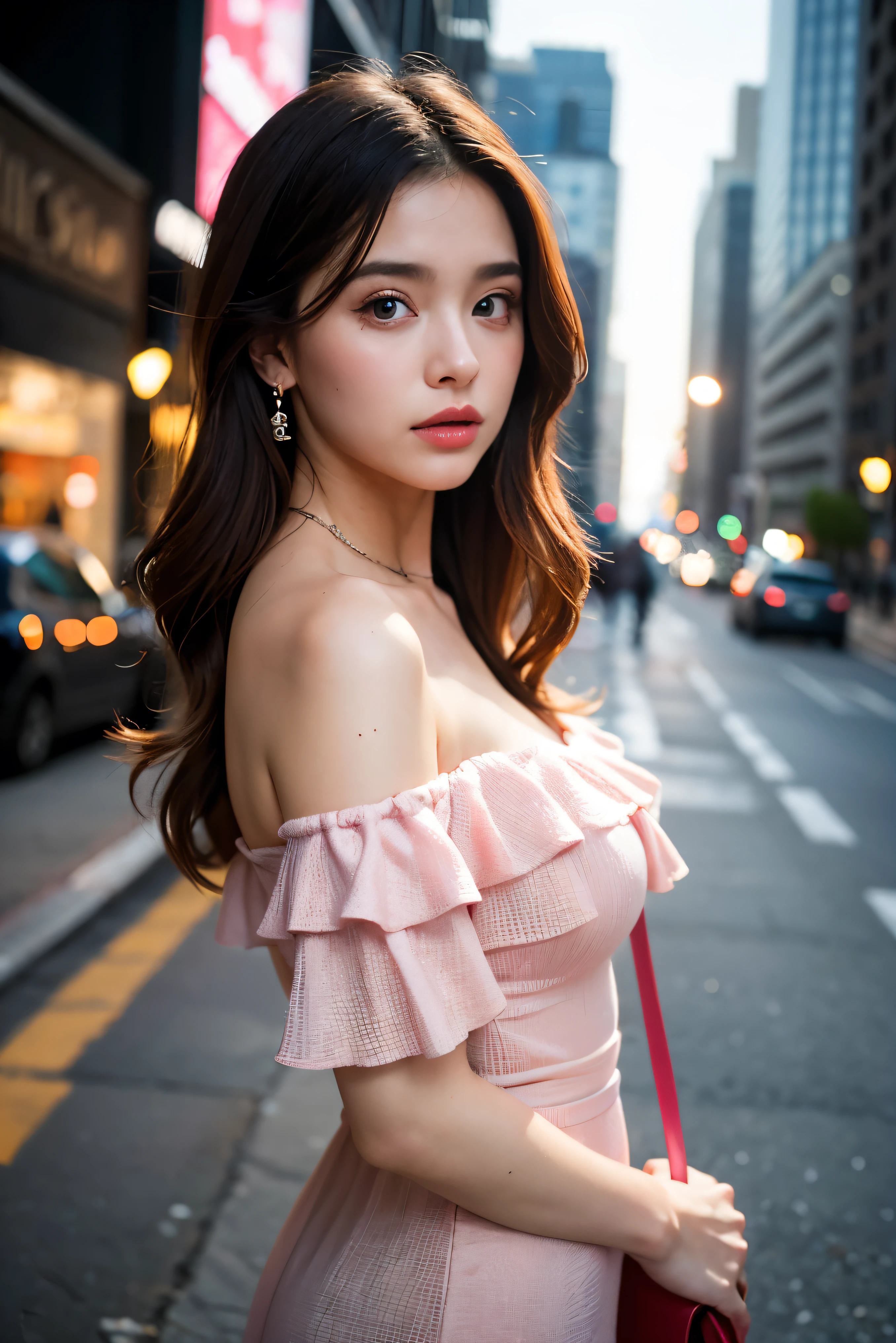 Best Quality, Masterpiece, Ultra High Resolution, (Realisticity: 1.4), Original Photo, 1girl, Pink Off-the-Shoulder, Cinematic Lighting