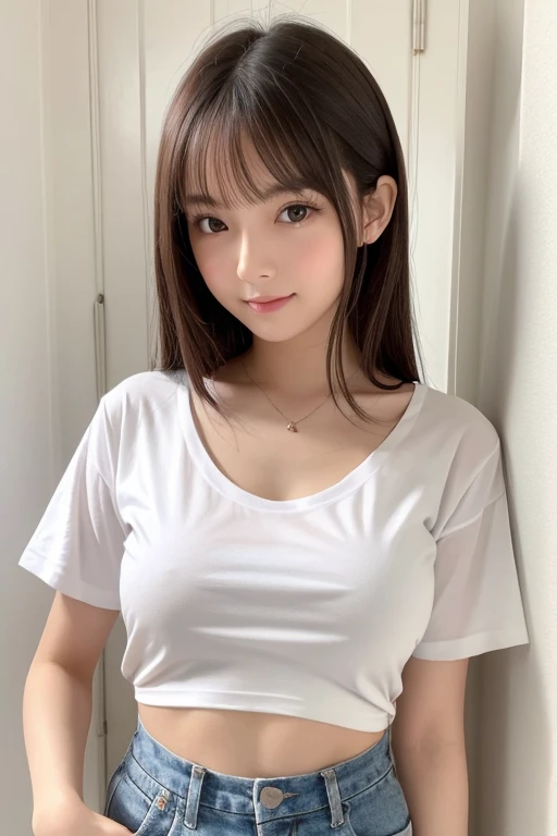 Cute girl in white t-shirt and no bra