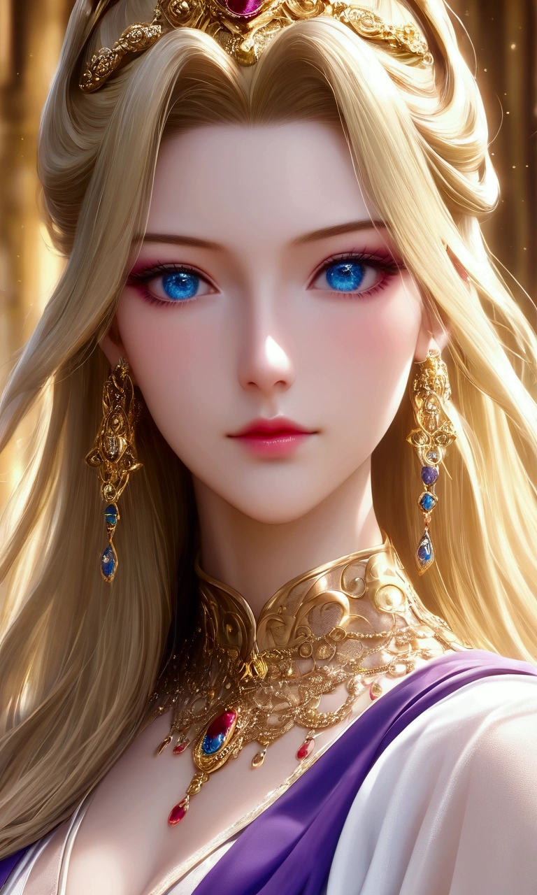 She had stunning long gold locks that cascaded down her shoulders, and her eyes were a mesmerizing shade of light purple. Her skin was flawless, and she was wearing a gorgeous purple dress that perfectly complemented her eye color. She truly looked absolutely stunning.