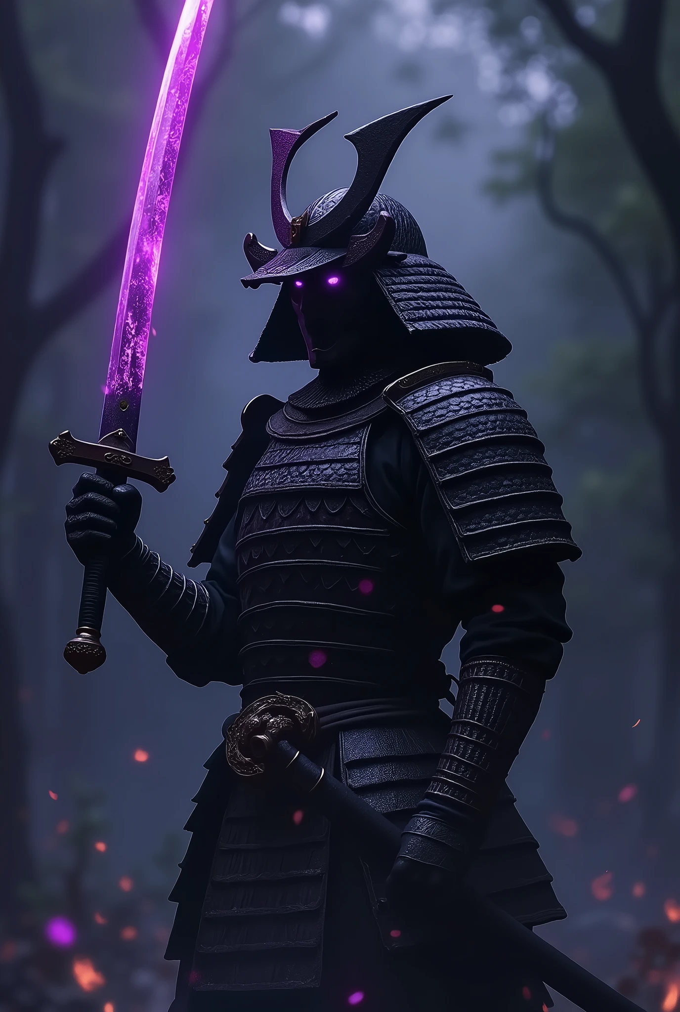 Anime character samurai、Holding a Japanese sword、The demon sword is shimmering with a purple aura.、The armor worn by the samurai is beautifully crafted.、It is as sturdy as dragon scales and has a practical range of motion.。The overall image is dark and gloomy.、The samurai in the dark is mysteriously in focus。The work is of high quality and has a cinematic feel.。