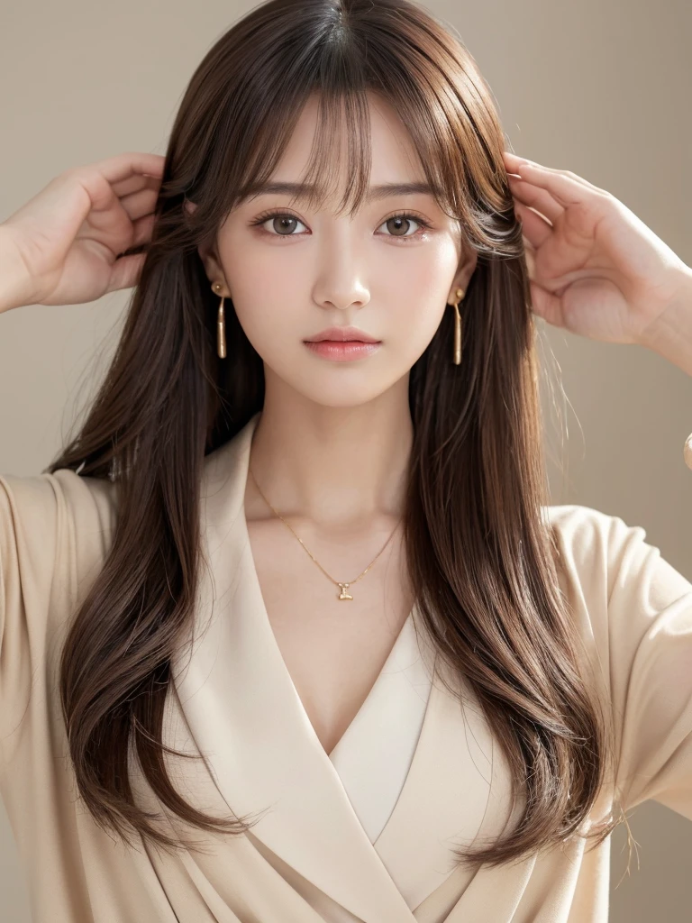  ((Highest quality, 8k, masterpiece:1.3)), concentrate: 1.2, Perfect body beauty: 1.4, Hips: 1.2, ((Long Hair, chest: 1.2)), (Dry clothes: 1.1) , (clear, Simple Background:1.3), Simple clothes: 1.1, Highly detailed face and skin texture,Delicate eyes, double eyelid, Whitened skin, Rough skin、Long Hair、bangs、Simple earrings、necklace、 solo、Beige coat、White shirt,  (((Cute and beautiful Japan)))、  ((Beautiful 20-year-old Japanese))、 ((Baby Face))、 (((Slender body)))、  Upper Body，Face focus、necklace，Simple Background，From above， Realistic Hair、 A photograph was taken:Canon EOS R6、135mm、1/1250 seconds、f2.8、ISO400、(Detailed explanation of the hand)、(Masseter muscle area)、(Exquisite CG)、Long Hair, loose and curly hair、Korean Hair、Long Hair明るいベージュ色、グラデーションハイライトグレージュのゆるふわLong Hairスタイル、