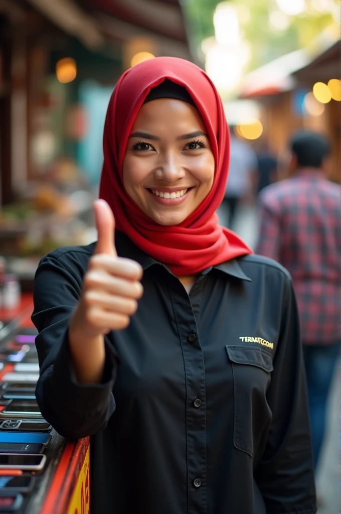 woman wearing a hijab wearing a black shirt with a TERNATECOM logo on her left pocket, very large, raising her thumb, with a beautiful Indonesian face is selling smartphones