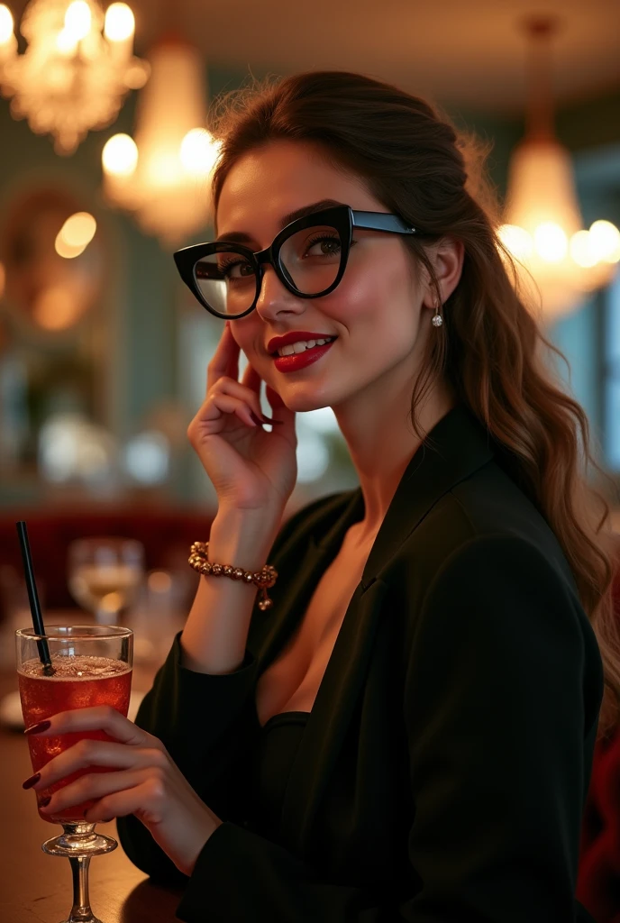 A classy girl wearing black glasses with flirty expression