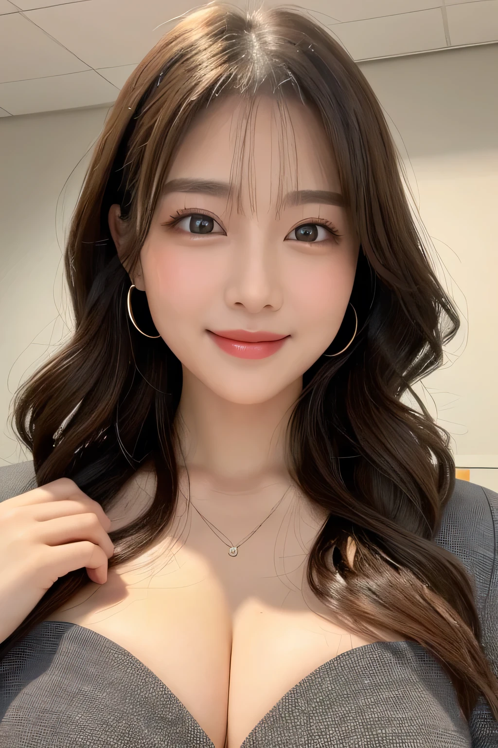 (8K、highest quality、highest quality、masterpiece、ultra high resolution、beautiful woman with perfect figure、emphasize cleavage、carefully crafted face、beautiful fingers、beautiful hands、skin texture),whole body、idol sculpture、((long hair))、alone、beautiful double eyelids、smile, office lady suit、officeレディスーツ)、(woman)、work、OL、office、