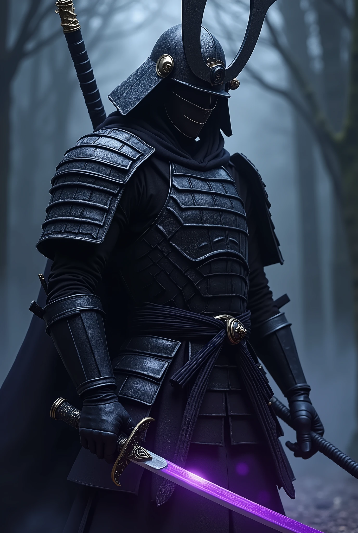 Anime character samurai、Holding a Japanese sword、The demon sword is shimmering with a purple aura.、The armor worn by the samurai is beautifully crafted.、It is as sturdy as dragon scales and has a practical range of motion.。The overall image is dark and gloomy.、The samurai in the dark is mysteriously in focus。The work is of high quality and has a cinematic feel.。