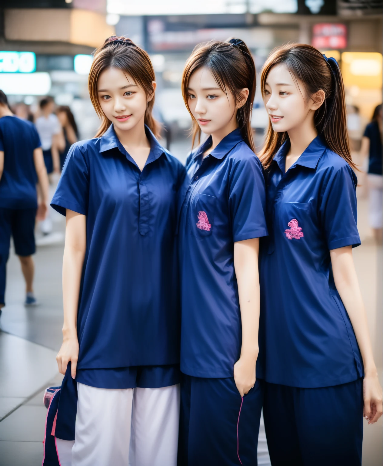 3 girls sleep on bed, Navy blue short-sleeved shirt,Navy Long Trackpant,Sweatpants, Sweatpantsขายาว,25 year old girl, lesbian, sexy, exercise clothes, wet body, exercise clothes