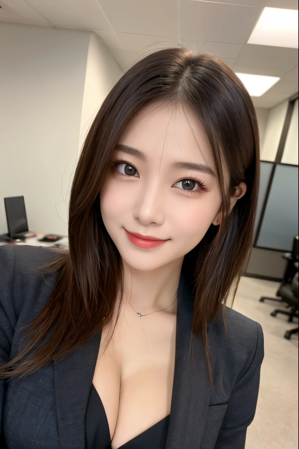 （8K、highest quality、highest quality、masterpiece、ultra high resolution、beautiful woman with perfect figure、emphasize cleavage、carefully crafted face、beautiful fingers、beautiful hands、skin texture），whole body、idol sculpture、((long hair))、alone、beautiful double eyelids、smile, office lady suit、officeレディスーツ)、(woman)、work、OL、office、