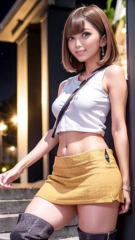 (High heel knee high boots)、(Sleeveless shirt with text print、belly button)、Tight mini skirt with slit、A 19-year-old girl standing alone by a pillar on the stairs in front of the station at night.、Short Bob Hair、Medium breast、smile、Beautiful long legs、masterpiece:1.3、Raw photo quality、Highest quality、Detailed image quality、Detailed Background、((Paisura:1.3))、Shoulder to back、