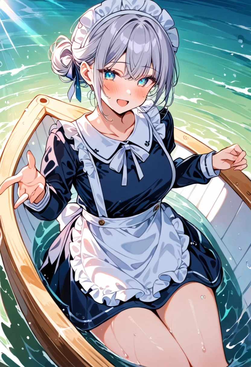 (8k, Highest quality, masterpiece: 1.2), Ultra-high resolution, 1 person, solo, Color changing eyes, Ultra-detailed, Expressive eyes, Highly detailed face, Long sleeve, ribbon, Navy dress, White apron, Navy blue maid outfit, Random Hairstyles、Silver gay hair, Rowboat、lake、sunlight, clavicle, Soaking wet, Ecstatic expression, Sparkling、splash, Overall image, Small boat, Date
