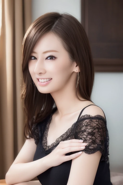 ((highest quality, 8k, Tabletop :1.3)),Masterpiece、Ulzan 6500、Very clear photos、 Bright lighting、Sharp focus :1.2, Beautiful mature woman、 24 years old, Mature Woman,Slim figure、、（Black casual short hairstyle）、 ((Tight V-neck knit shirt)), （ Her bra is visible through her clothes:1.3）、Very small panties、Roll up your sleeves、((Leaning forward)), (Huge breasts:0.8), (smile:1.15), Highly detailed face and skin texture, Fine grain, Living room 1.5、Photographing the whole body from a distance 1.1、Upper body close-up、Accentuate your breasts、Similar to Kitagawa Keiko、Facing forward、Delicate patterns in black lace、cheek、One shoulder exposed、Put your chest close、White lace panties、