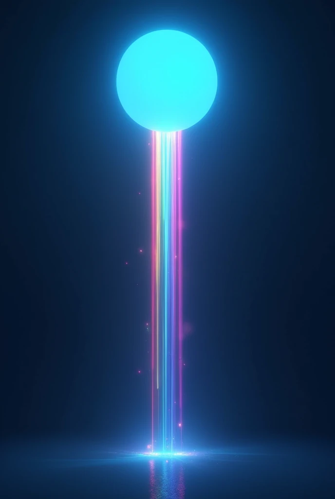 Glowing blue orb dripping stream of rainbows, cybernetic rainbows, digital, tron, surreal, light beam extending top to bottom,