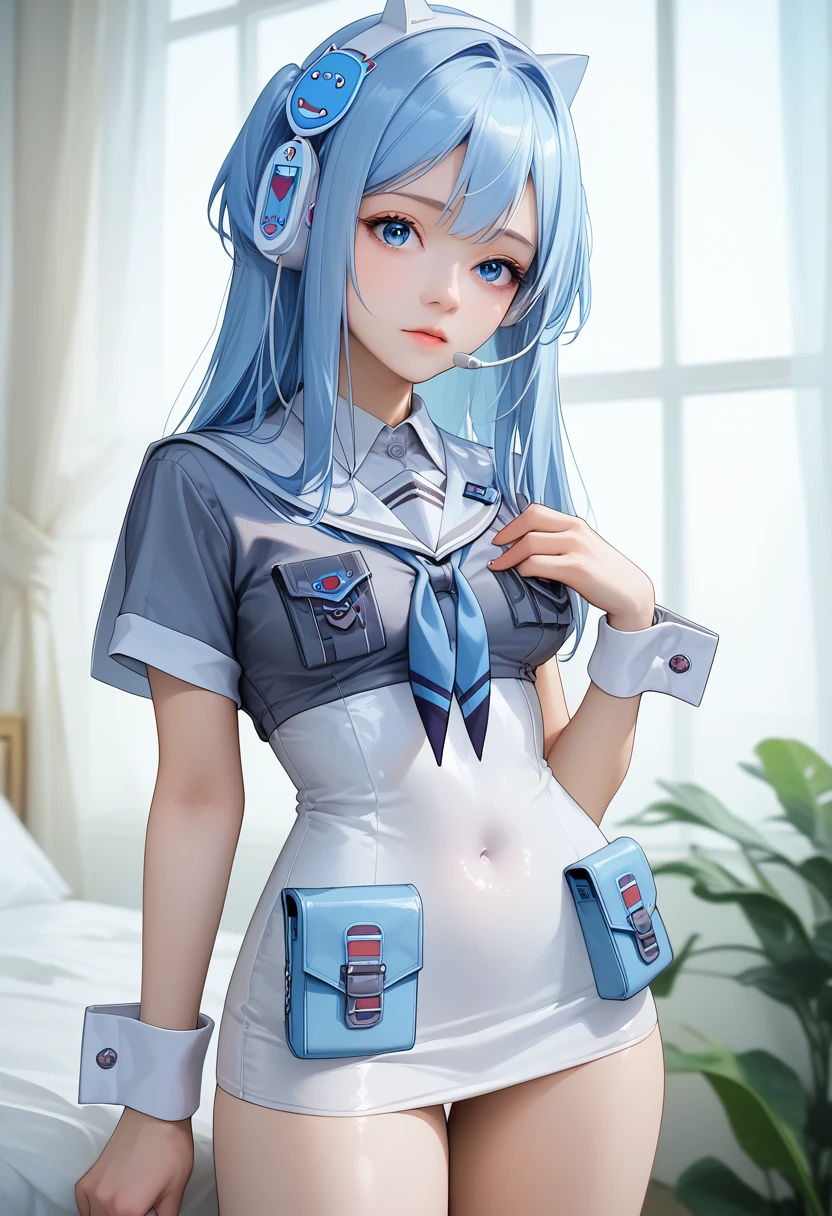 shifty, blue eyes, blue hair, two side up, long hair, hair ornament, animal ear headphones, headset, sailor collar, button badge, serafuku, blue neckerchief, grey shirt, short sleeves, wrist cuffs, breast pockets, breasts, pouch, white dress, covered navel,9,score_8_up,score_7_up,masterpiece,best quality,perfect anatomy,very aesthetic,official art,8k,shiny_skin,fair_skin,white_skin, Идет по Улице с Улыбкой