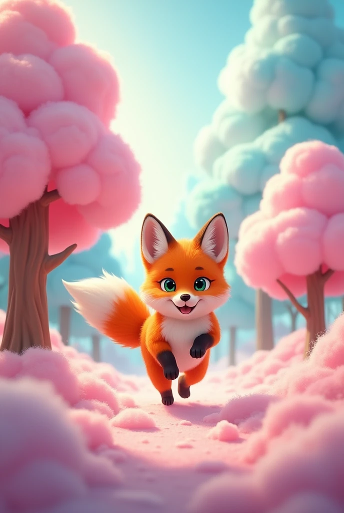 Finley is seen playfully hopping through the marshmallow forest, his paws sinking into the soft, bouncy ground. The scene is lively, with Finley darting between the colorful marshmallow trees, his tail wagging with excitement as he discovers new things in this magical world."
