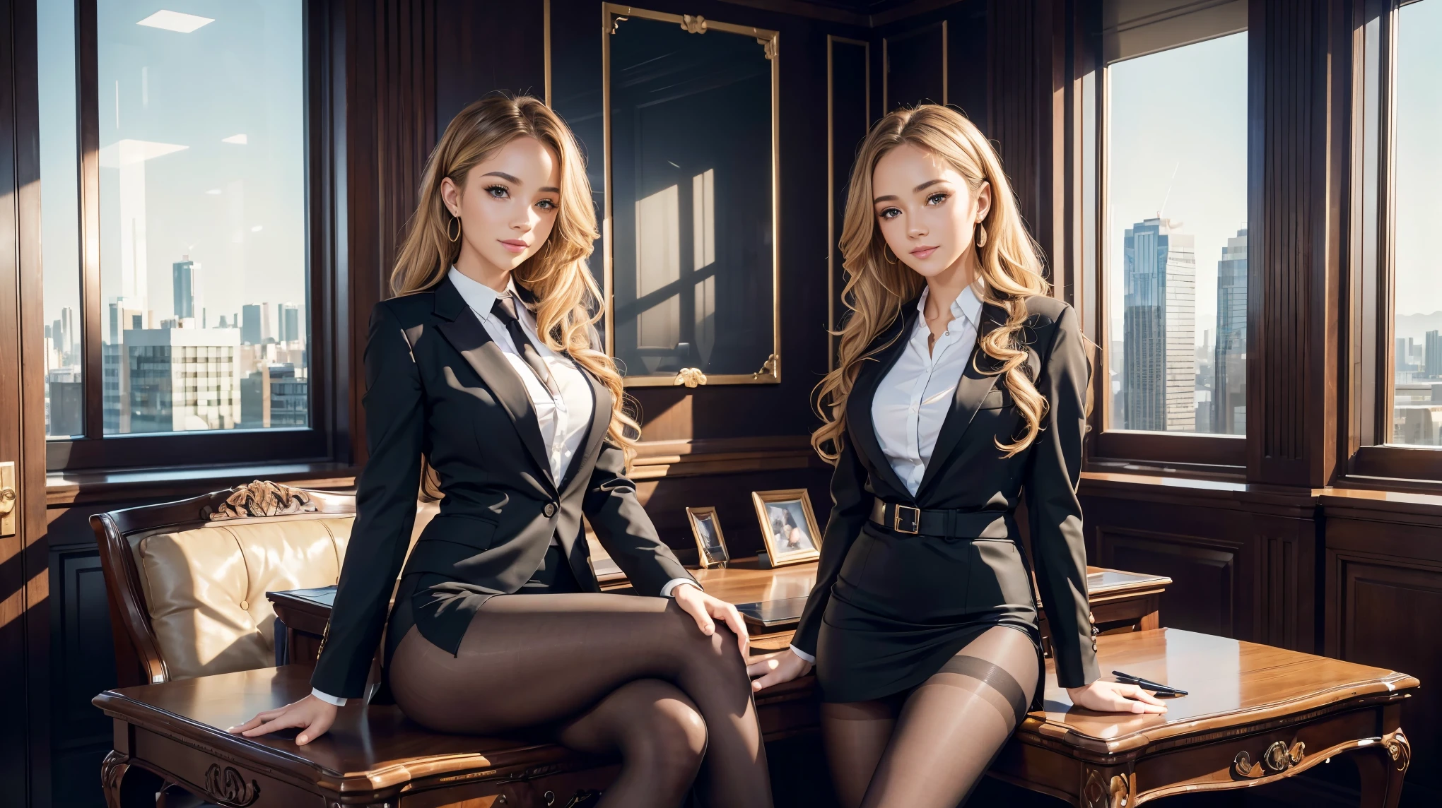 (Masterpiece, Professional lighting, 16k, 8k wallpaper, raw photo, photorealistic:1.8, ultra detailed, natural gentle lighting, detailed skin, detailed face, detailed eyes, textured skins, cinematic composition, detailed background:1.2 ), (MB, Group shot, 2girls, 2 secretaries inside bank office, full body), multiple girls, young girls, See through:0.6, ultra detailed face, slender body, beautiful skin, straight hair, luxury furniture, sitting down, identical business suit with tight skirt, panty under pantyhose, high heels, upturned eyes:0.9, looking at viewer, sexual suggestive, earrings, embarrassed, flaunted, smile, updo, wavy hair:0.8, formal room, wide window, skyscrapers, pen, documents, Charly Jordan