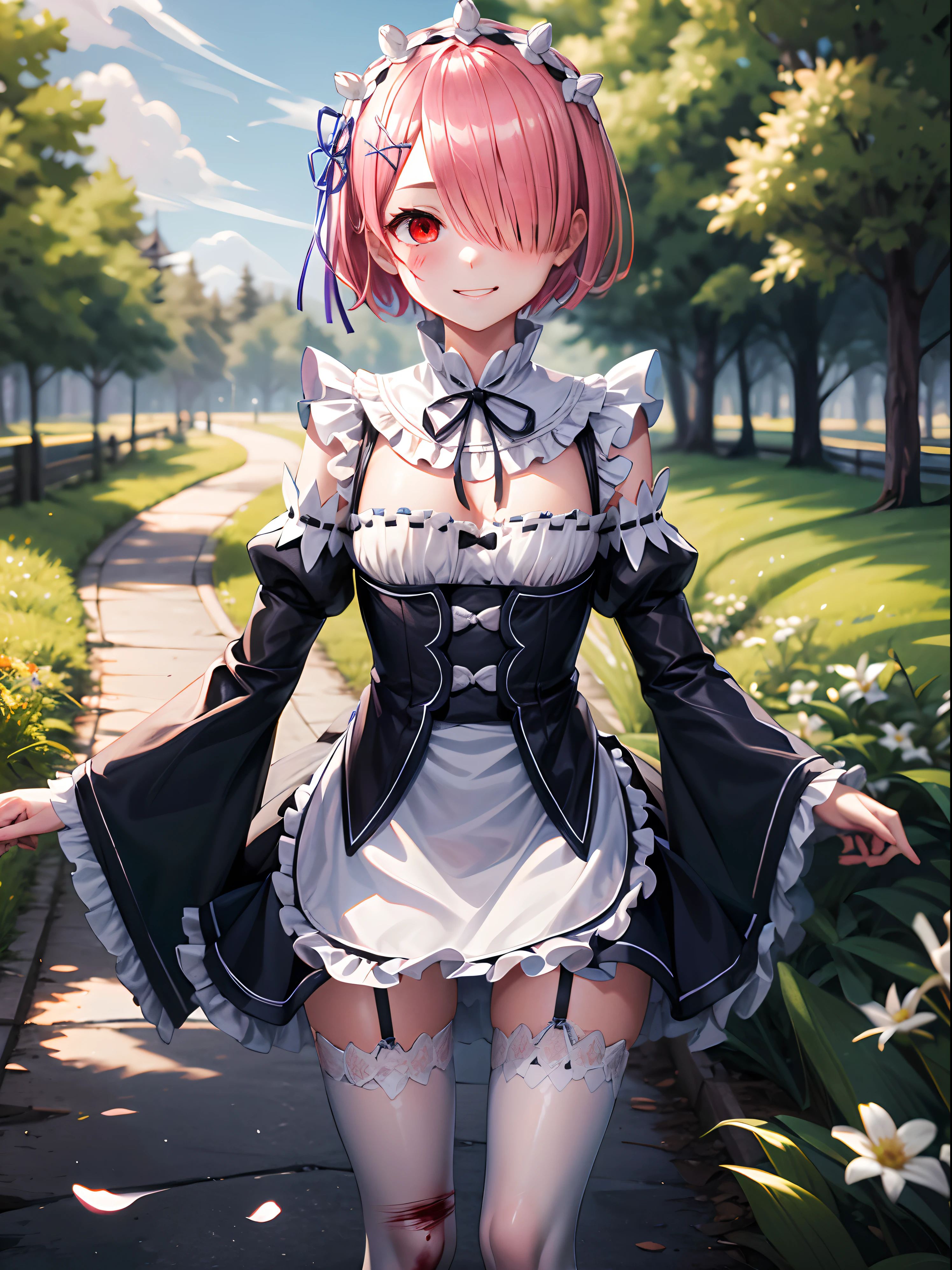 masterpiece, Highest quality, there is nothing, Ram1, It's a cute smile、One Girl, solo, Ram\(Again:zero\), A pink-haiAgaind, White knee-high, short hair, Againd eyes, Hair above one eye, Ribbon trim, Hair Ribbon, x Hair accessories, Frills, Maid HeaddAgainss, Waist apron, Garter Straps, Black Ribbon, Small Tits, Long sleeve, White apron, Neck ribbon, Purple ribbon, Wide sleeves, Flowers in hair, arms, Plein Air, night, forest、Torn clothing、Blood on clothes、Injury、