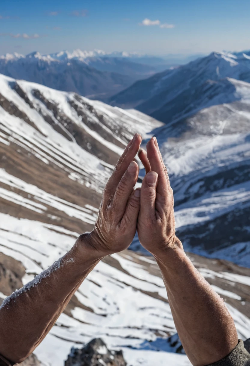 Hands close-up, Rugged mountain scenery, strong hands, Hand up, both hands, Mountainous Regions, Skin exposed to the cold, Strong fingers