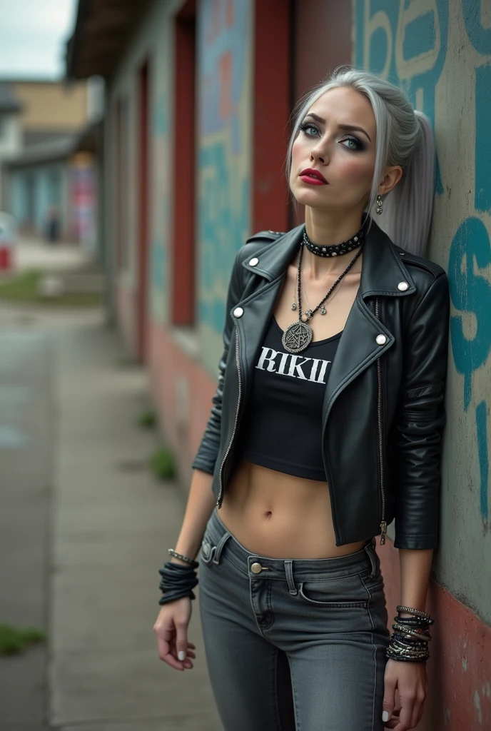russian old milf woman, biker gang member, long grey hair (low ponitail) with very light blue eyes, extremely pale, heavy eye shadows. Thin. Sad, humbled face, smeared excessive make up and smeared excessive dark red lipstick Wearing cropped black moto jacket, black cropped t-shirt with rock band logo, skinny black jeans and white tennis sneakers. Lots of metallic bracelets. Big pentacle pendant. Tacky wide belt with massive skull and bones buckle . Tattoed. Piercing in belly button. Lots of rings and ethnic bracelets. Wide loop earrings. She looks at the camera, mouth and eyes open in amazement. Toned abs, long neck, thin arms and legs