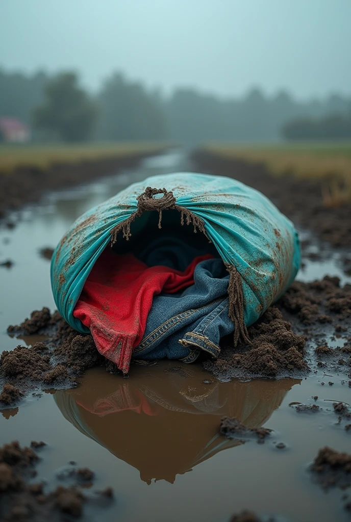 Clothes inside the plastic bag and in the mud
