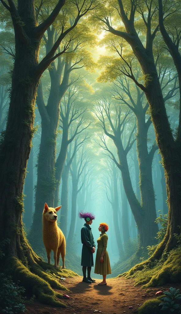 A masterpiece, the best composition, a landscape in the woods, Gabriel pacheco style, a man and a woman of strange appearance standing with a strange animal.