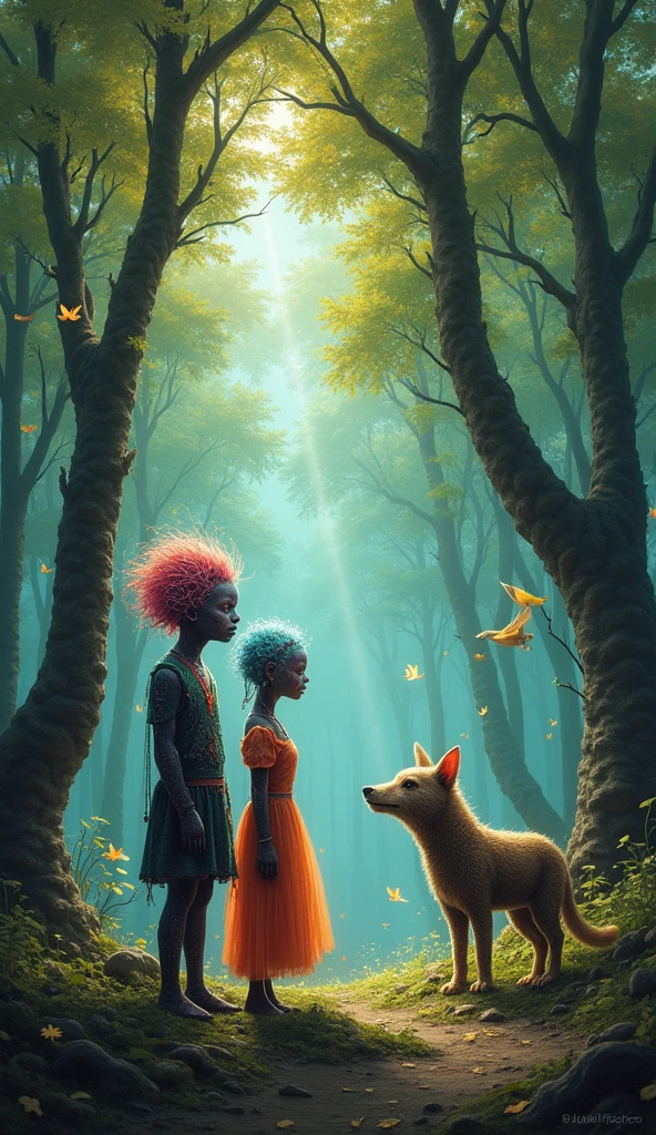 A masterpiece, the best composition, a landscape in the woods, Gabriel pacheco style, a man and a woman of strange appearance standing with a strange animal.